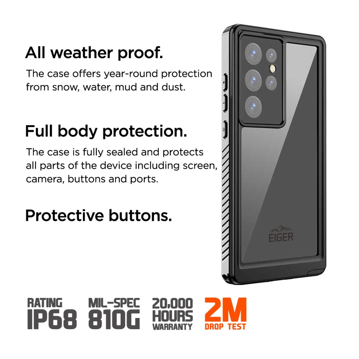 Eiger - Samsung Galaxy S24 Ultra Avalanche Case Waterproof Outdoor Protection Cover IP68 (EGCA00561) - Black