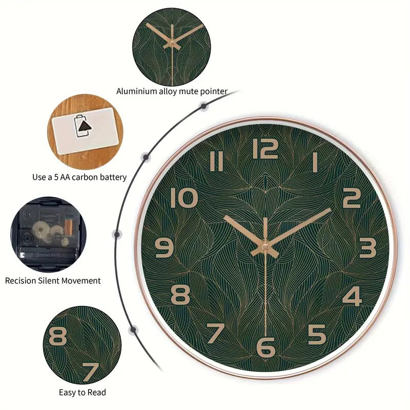 Grüne Blatt Design Wanduhr, 25,4-40,64 cm Runde Stille Plastik Uhr, Natürliches Grünes Blatt mit Goldenen Adern, Wohnkultur für Wohnzimmer, Schlafzimmer, Küche, Badezimmer, Schulklassenzimmer Büro