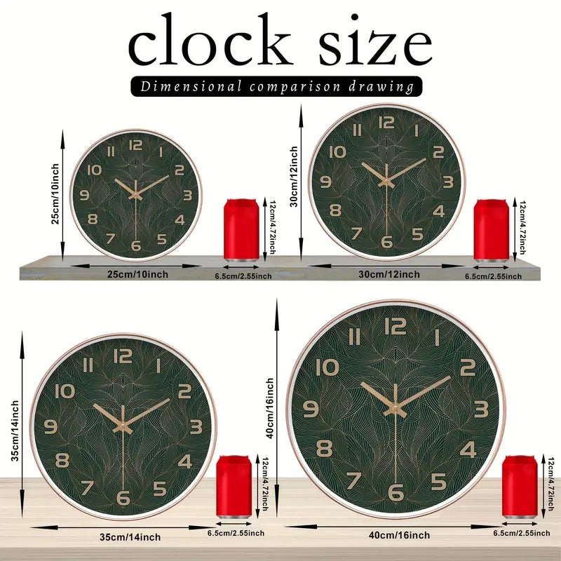 Grüne Blatt Design Wanduhr, 25,4-40,64 cm Runde Stille Plastik Uhr, Natürliches Grünes Blatt mit Goldenen Adern, Wohnkultur für Wohnzimmer, Schlafzimmer, Küche, Badezimmer, Schulklassenzimmer Büro